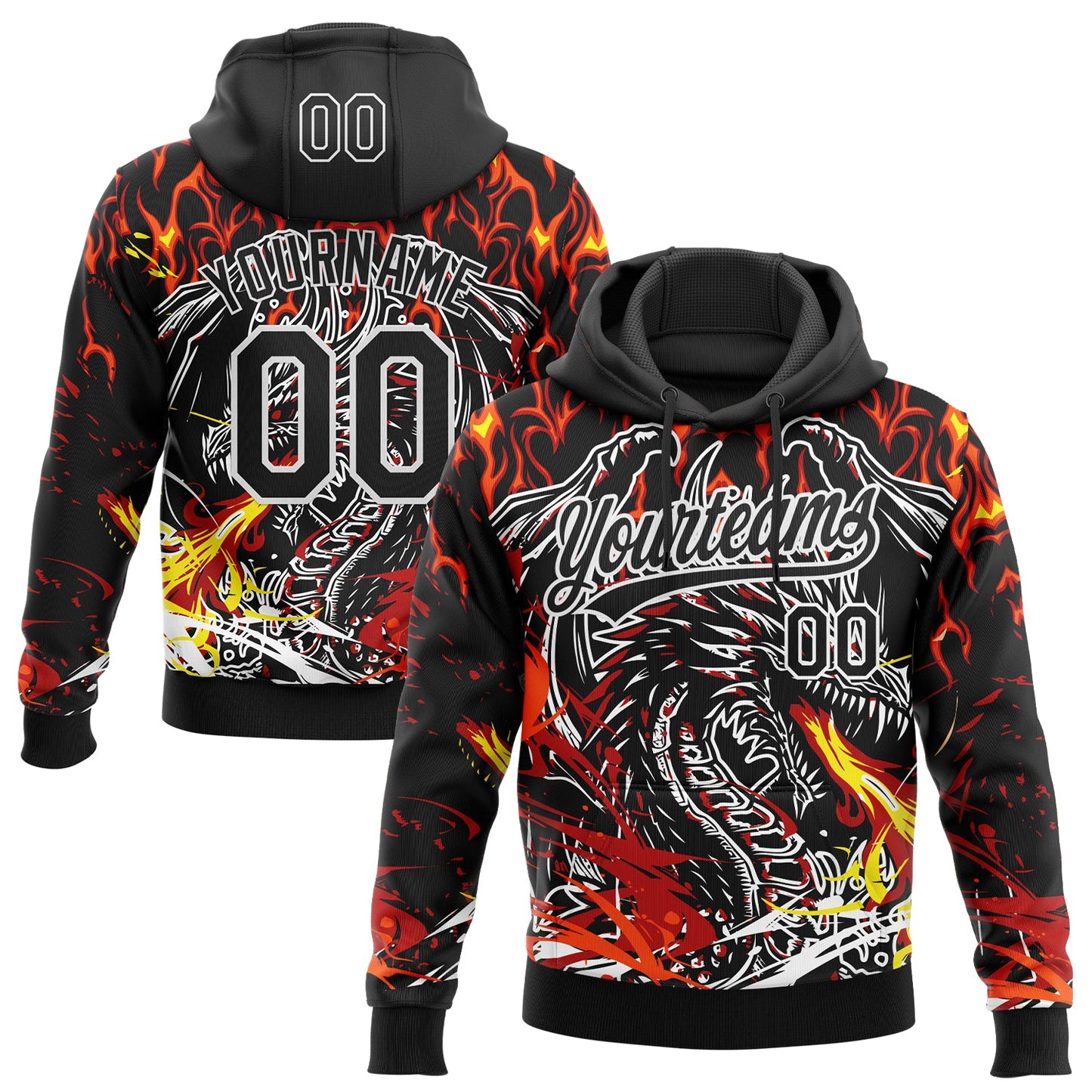 Custom Stitched Black Red Yellow-White 3D Pattern Design Flame Dragon Sports Pullover Sweatshirt Hoodie - Main View