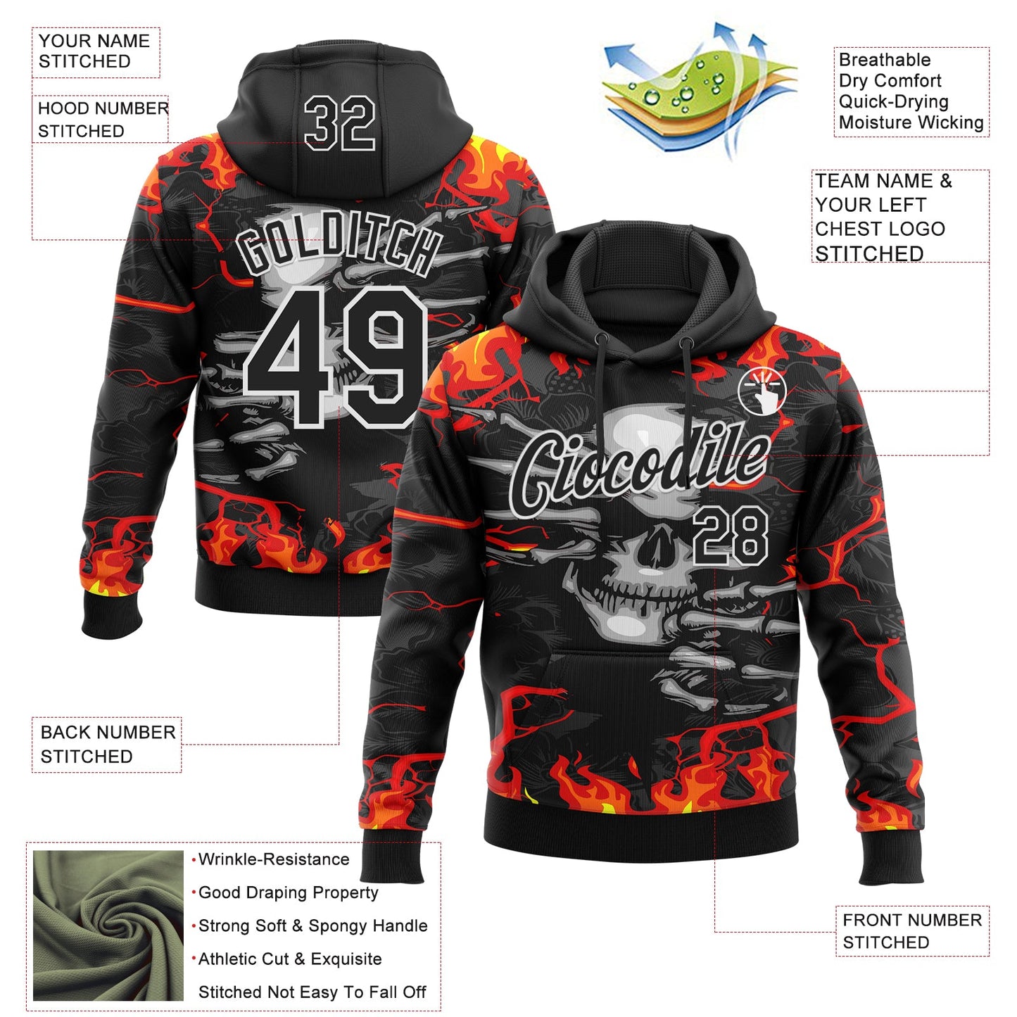 Custom Stitched Black Red Yellow-White 3D Pattern Design Flame Skull Sports Pullover Sweatshirt Hoodie view 2