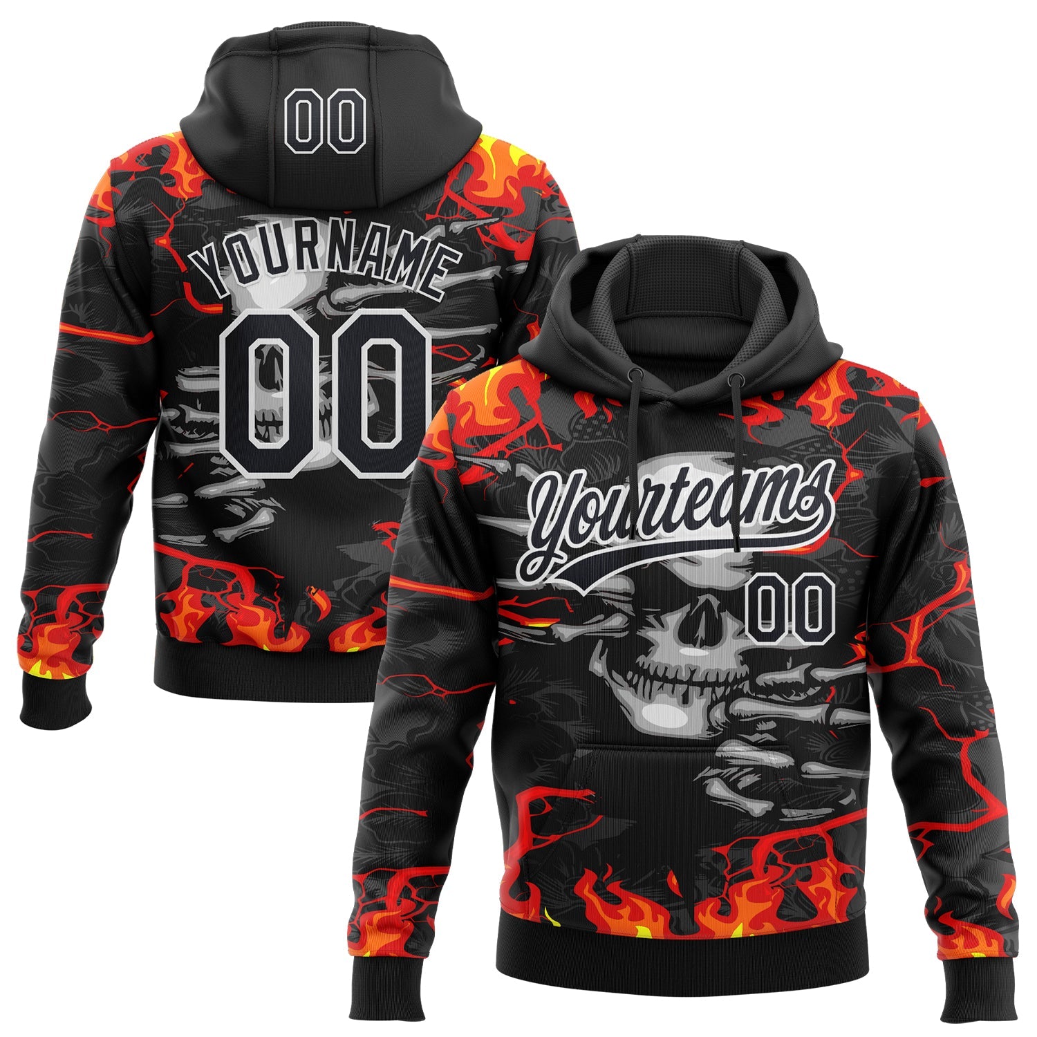 Custom Stitched Black Red Yellow-White 3D Pattern Design Flame Skull Sports Pullover Sweatshirt Hoodie - Main View