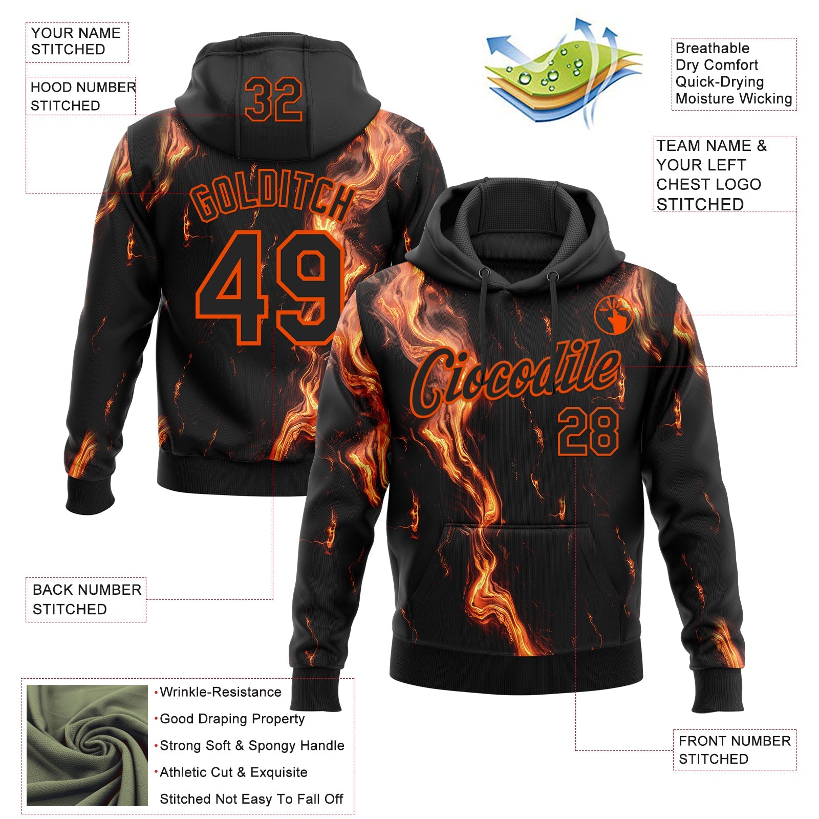 Custom Stitched Black Orange 3D Pattern Design Flame Sports Pullover Sweatshirt Hoodie view 2