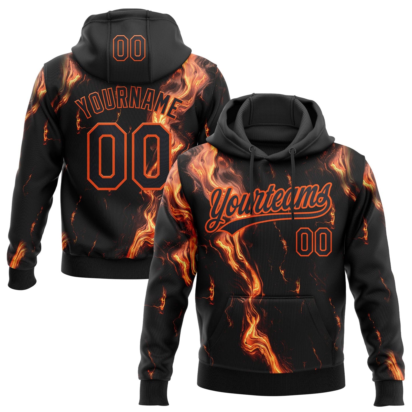 Custom Stitched Black Orange 3D Pattern Design Flame Sports Pullover Sweatshirt Hoodie - Main View