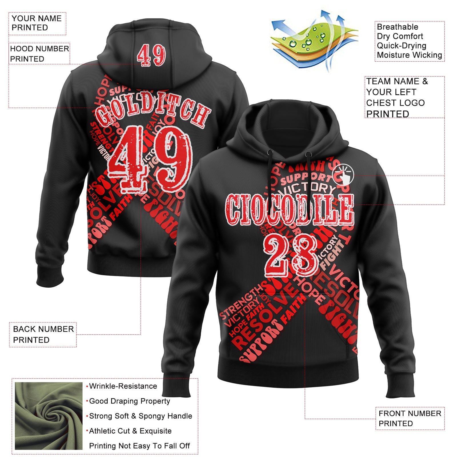 Custom Black Fire Red-White 3D Blood Cancer World Cancer Day Ribbon Support Sports Pullover Sweatshirt Hoodie view 2