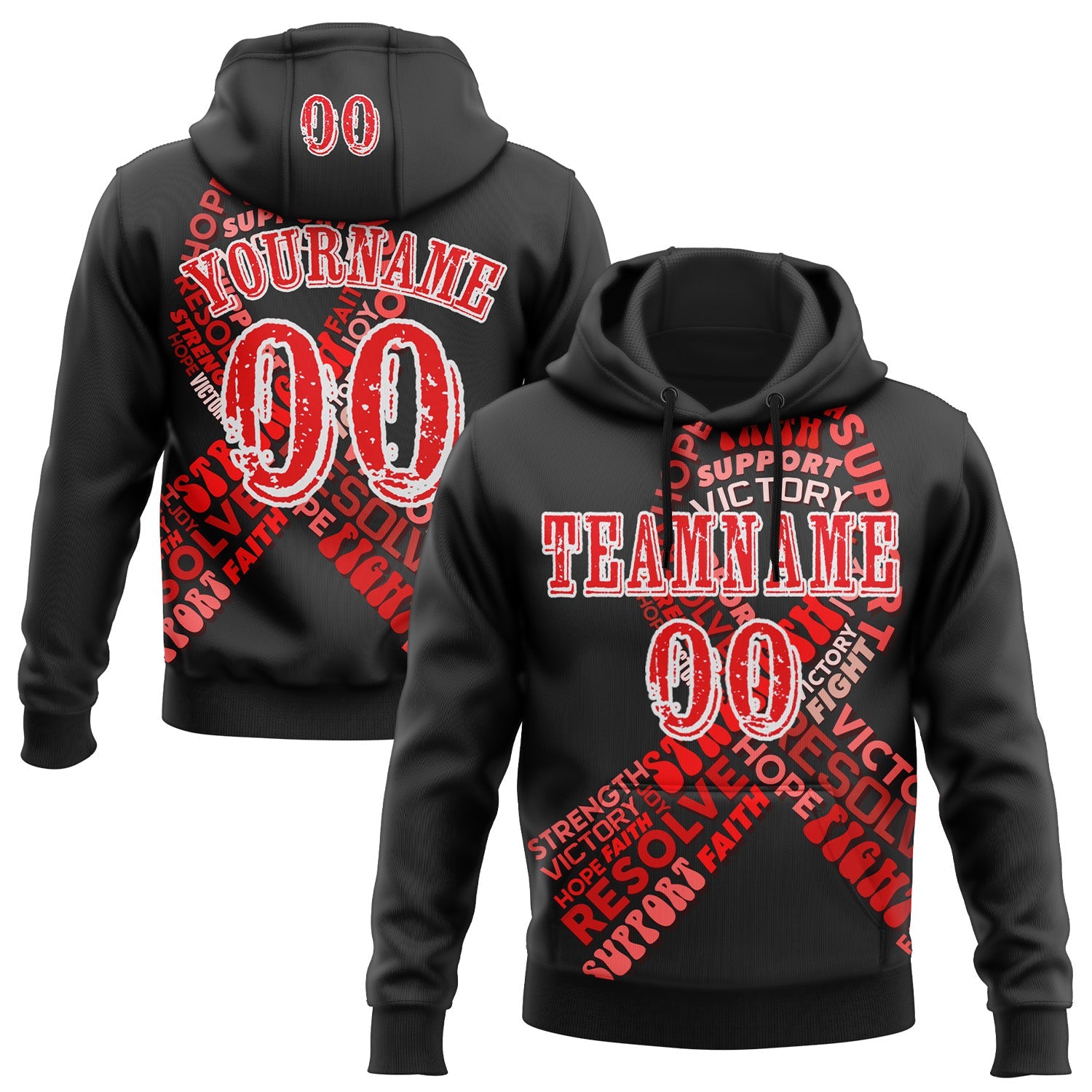 Custom Black Fire Red-White 3D Blood Cancer World Cancer Day Ribbon Support Sports Pullover Sweatshirt Hoodie - Main View