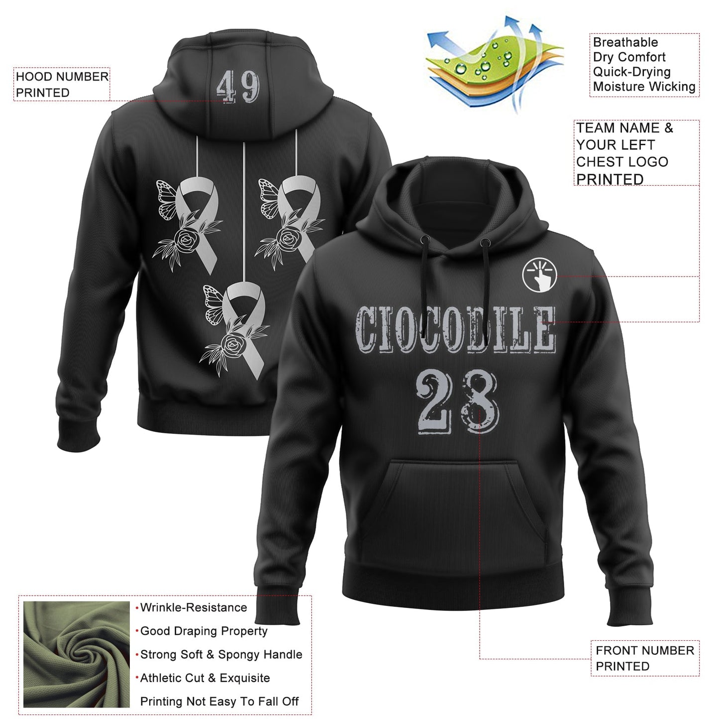 Custom Black Gray 3D Brain Cancer World Cancer Day Ribbon Support Sports Pullover Sweatshirt Hoodie view 2