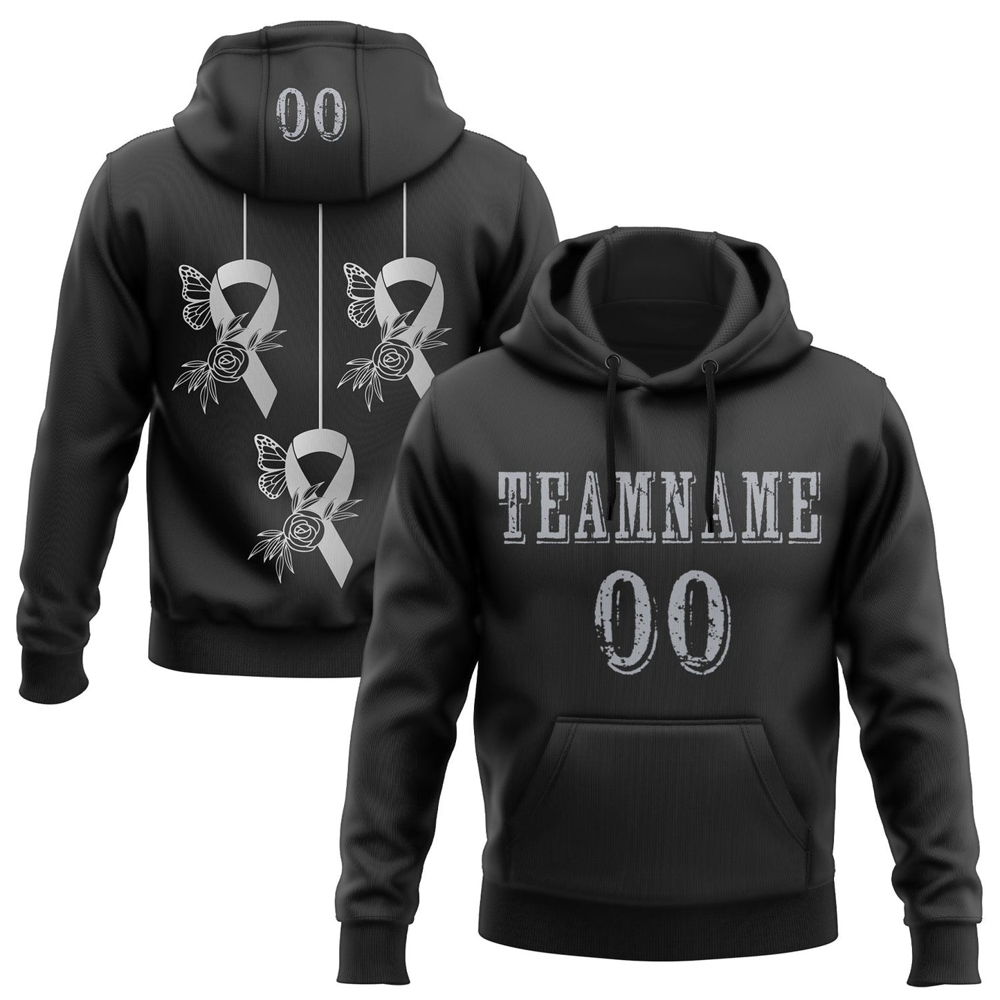 Custom Black Gray 3D Brain Cancer World Cancer Day Ribbon Support Sports Pullover Sweatshirt Hoodie - Main View