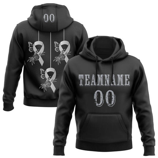 Custom Black Gray 3D Brain Cancer World Cancer Day Ribbon Support Sports Pullover Sweatshirt Hoodie - Main View