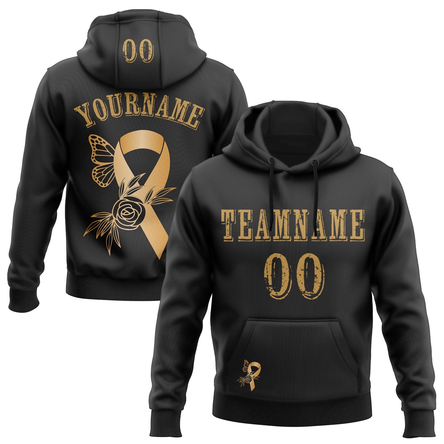 Custom Black Old Gold 3D Childhood Cancer World Cancer Day Ribbon Support Sports Pullover Sweatshirt Hoodie - Main View