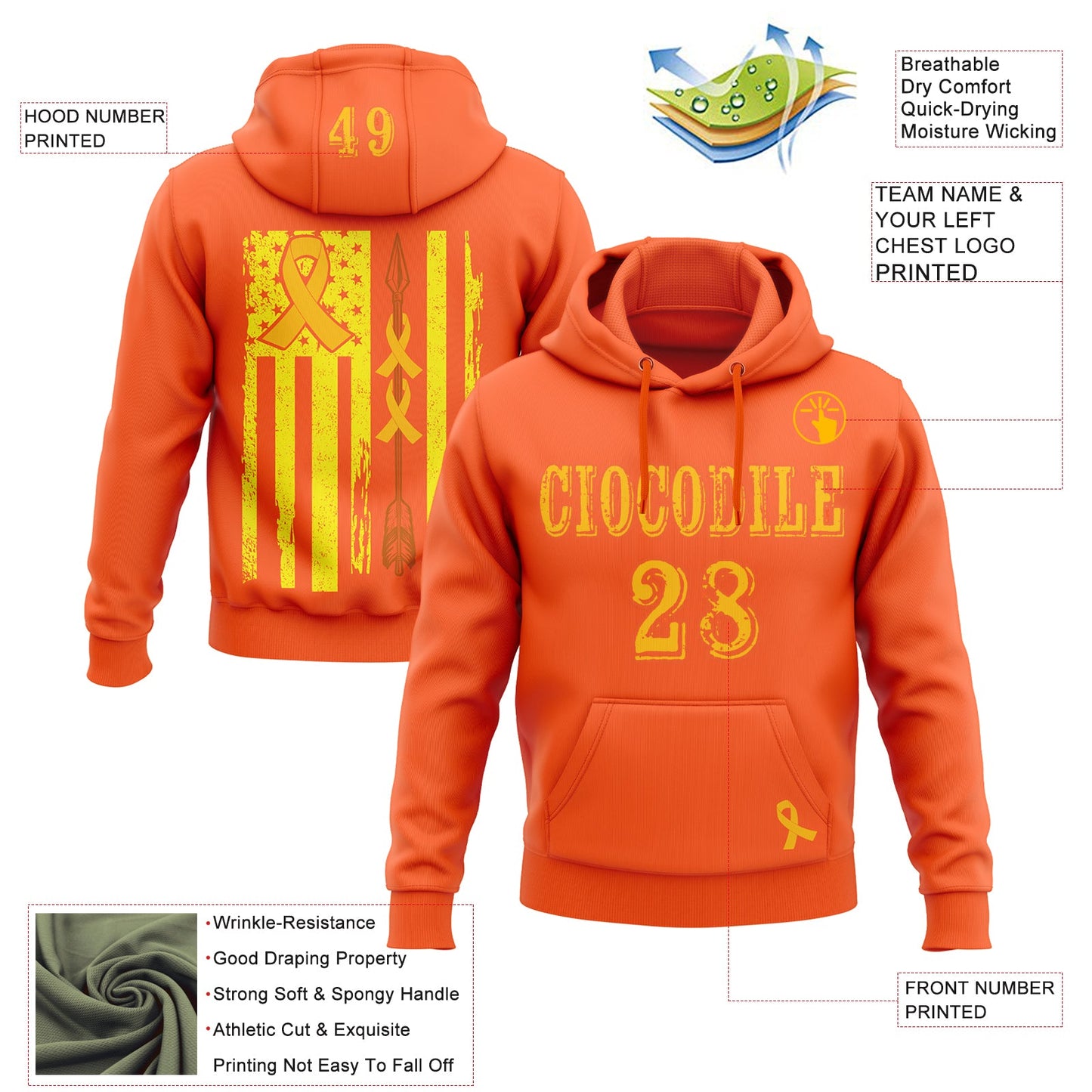 Custom Orange Gold 3D Bone Cancer World Cancer Day Ribbon Support Sports Pullover Sweatshirt Hoodie view 2