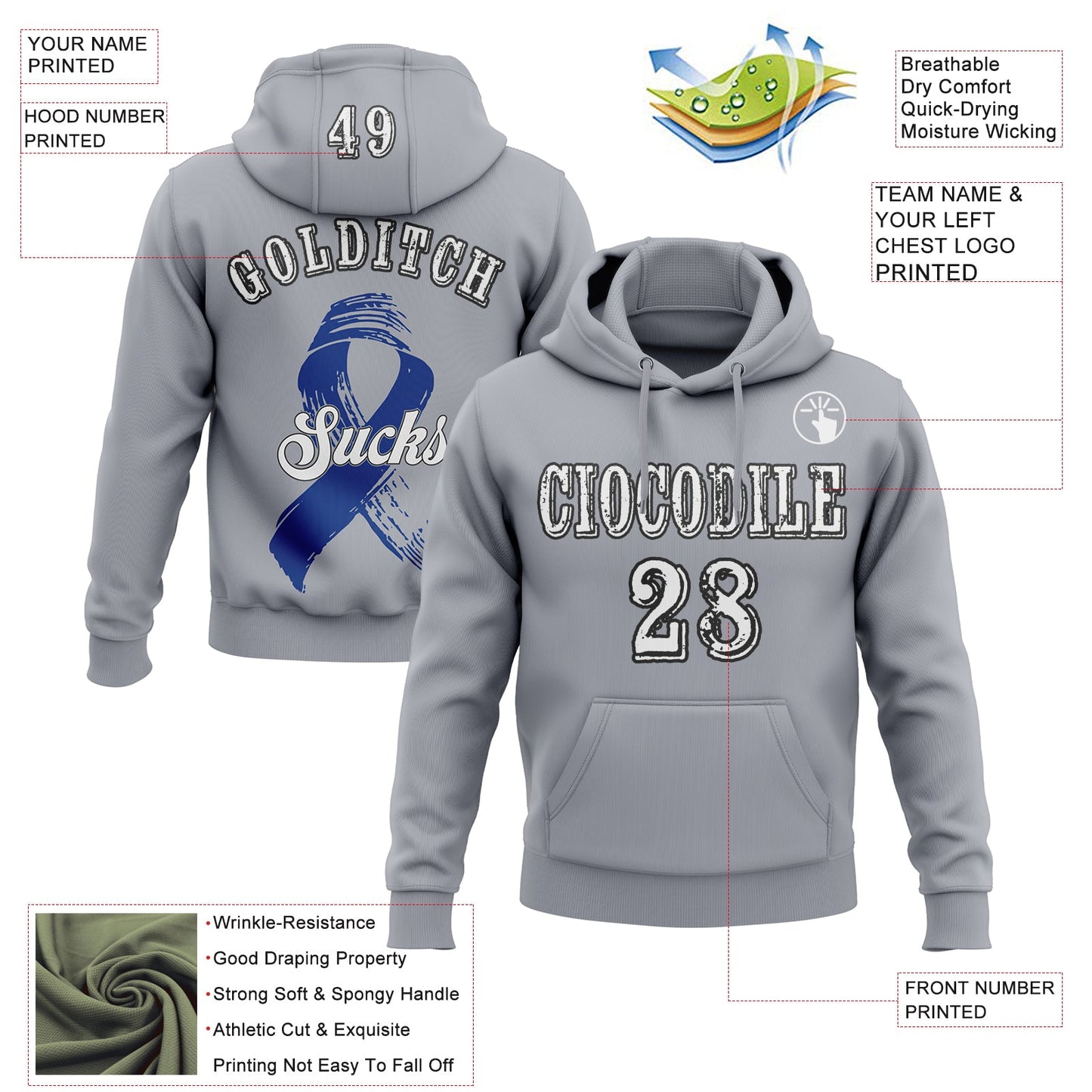 Custom Gray White-Black 3D Colorectal Cancer World Cancer Day Ribbon Support Sports Pullover Sweatshirt Hoodie view 2
