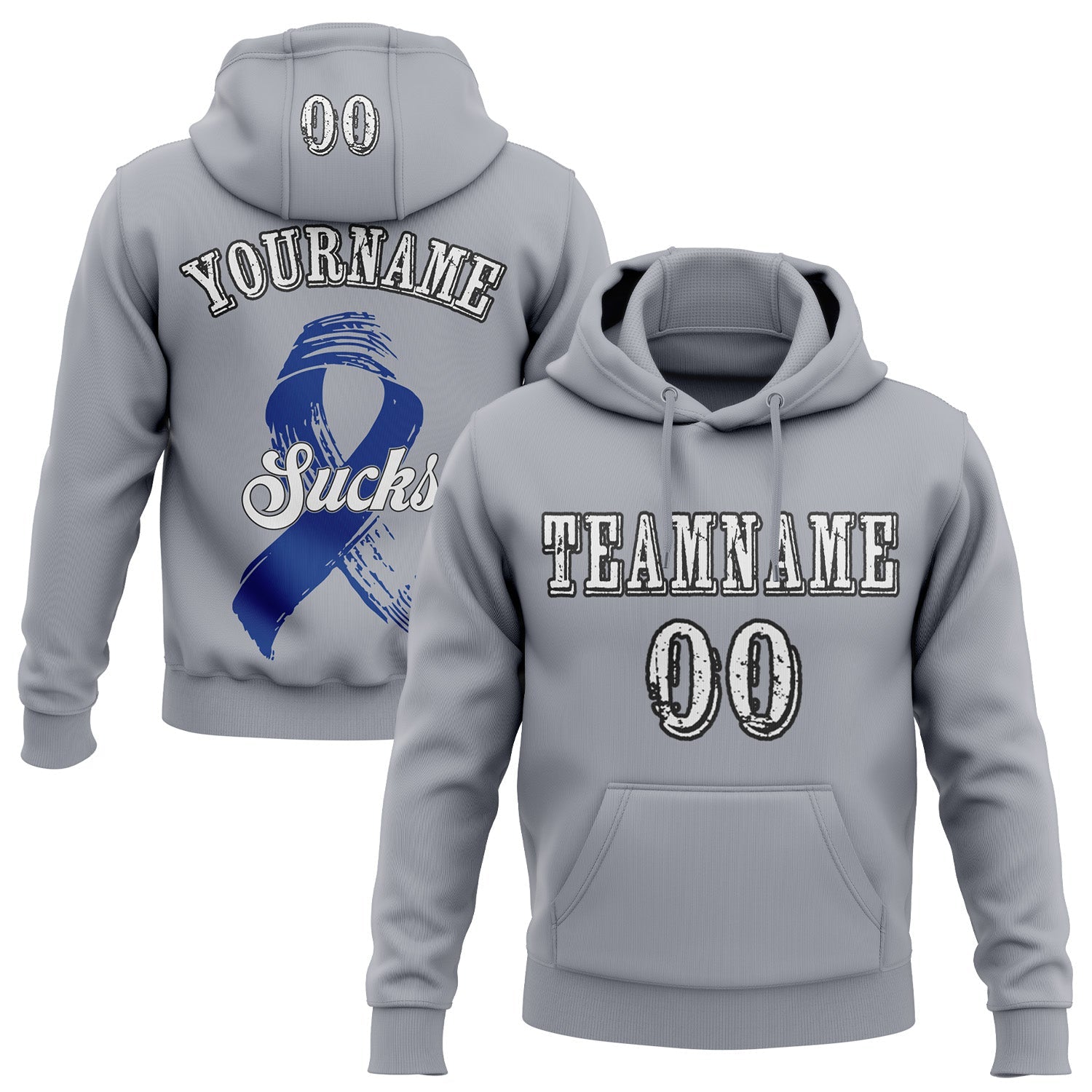 Custom Gray White-Black 3D Colorectal Cancer World Cancer Day Ribbon Support Sports Pullover Sweatshirt Hoodie - Main View