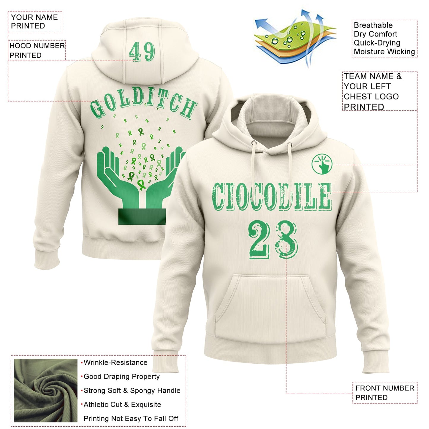 Custom Cream Green 3D Gallbladder And Bile Duct Cancer World Cancer Day Ribbon Support Sports Pullover Sweatshirt Hoodie view 2