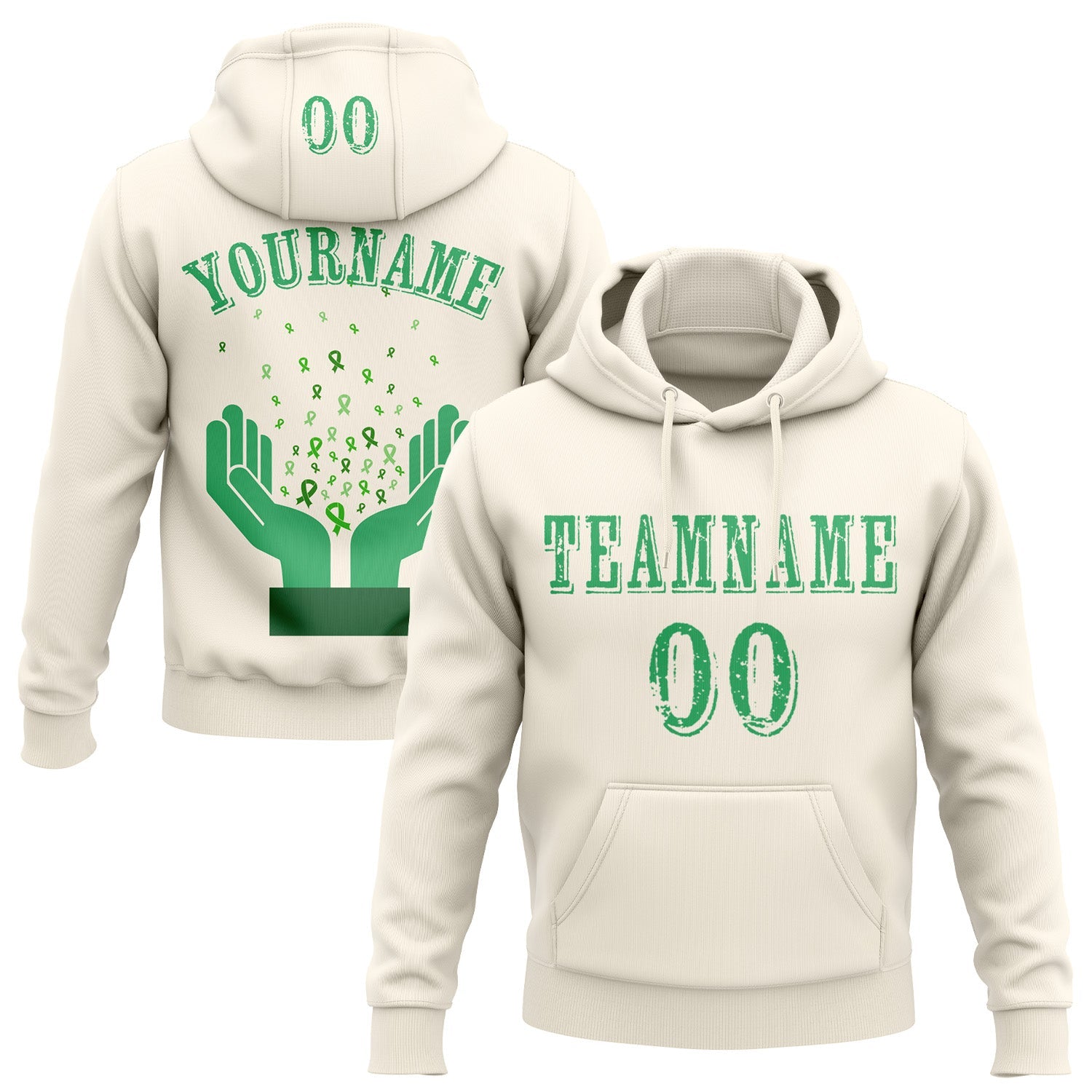 Custom Cream Green 3D Gallbladder And Bile Duct Cancer World Cancer Day Ribbon Support Sports Pullover Sweatshirt Hoodie - Main View