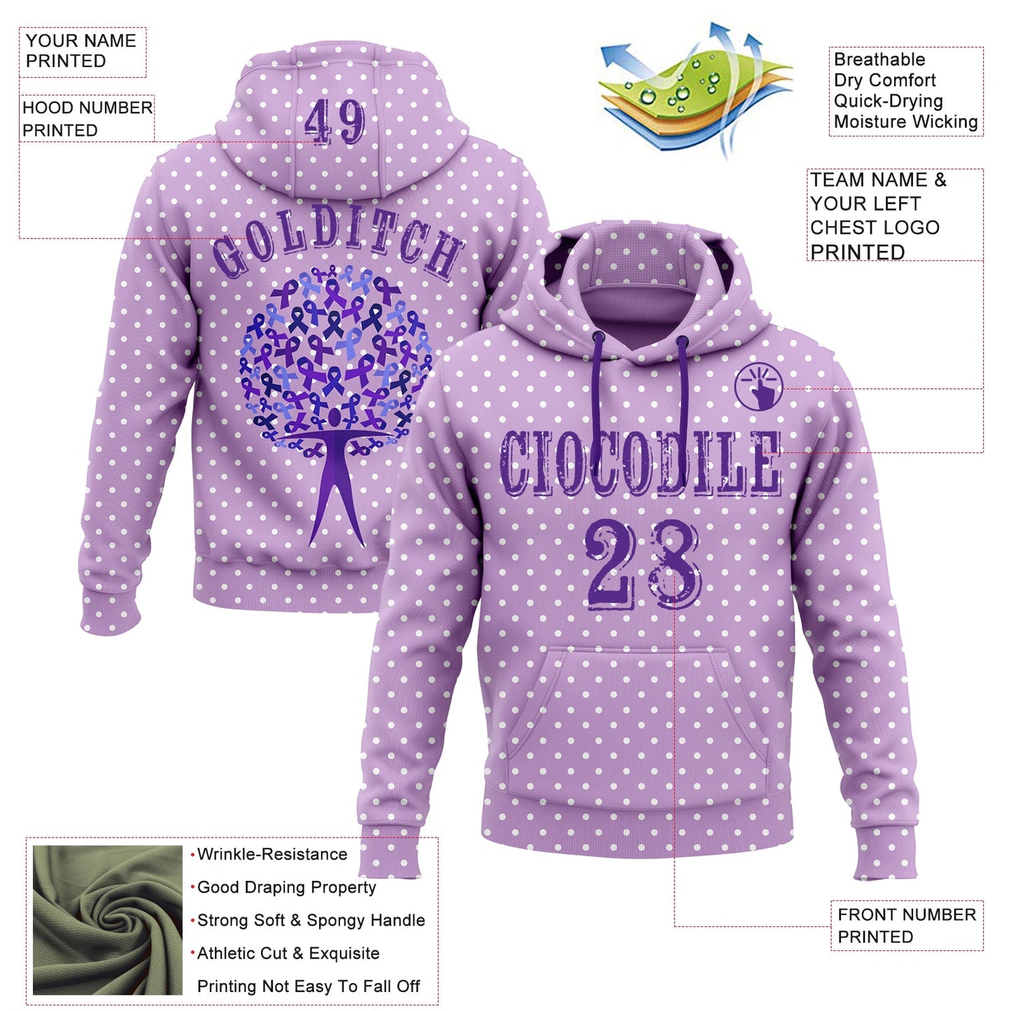 Custom Light Purple Purple 3D Gynecological Cancer World Cancer Day Ribbon Support Sports Pullover Sweatshirt Hoodie view 2