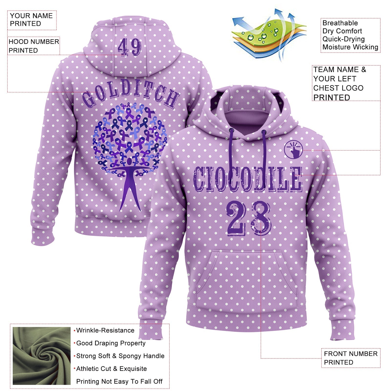 Custom Light Purple Purple 3D Gynecological Cancer World Cancer Day Ribbon Support Sports Pullover Sweatshirt Hoodie view 2