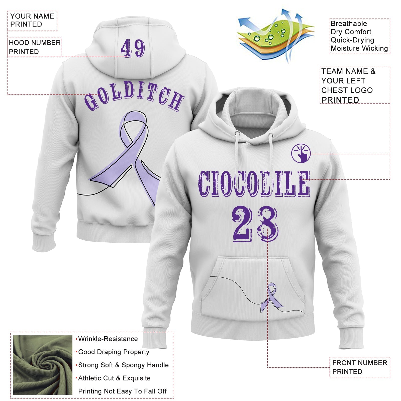 Custom White Purple 3D Gastric Cancer World Cancer Day Ribbon Support Sports Pullover Sweatshirt Hoodie view 2