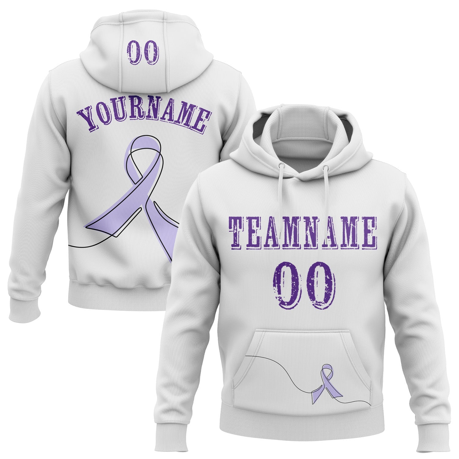 Custom White Purple 3D Gastric Cancer World Cancer Day Ribbon Support Sports Pullover Sweatshirt Hoodie - Main View