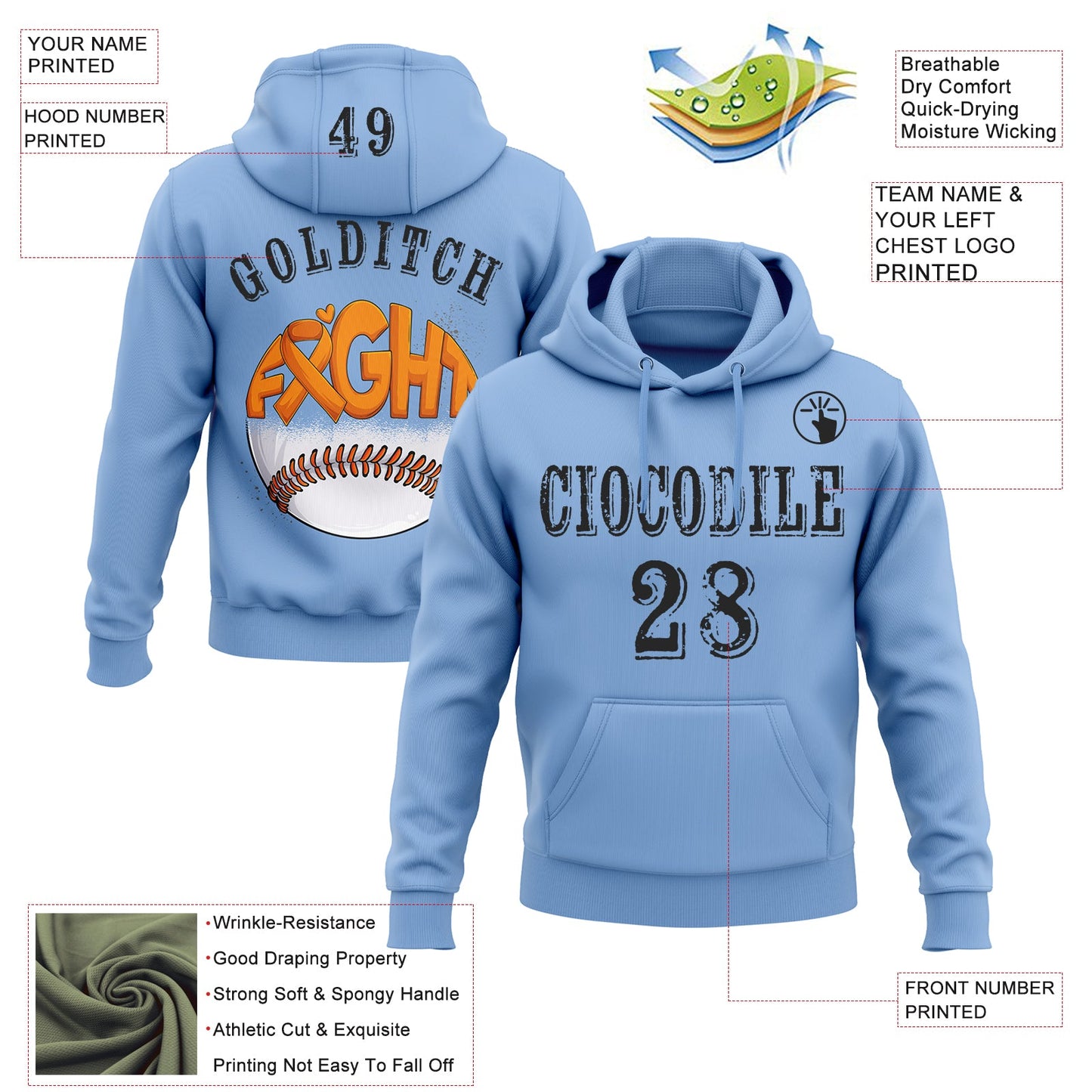 Custom Light Blue Black 3D Kidney Cancer World Cancer Day Ribbon Support Sports Pullover Sweatshirt Hoodie view 2