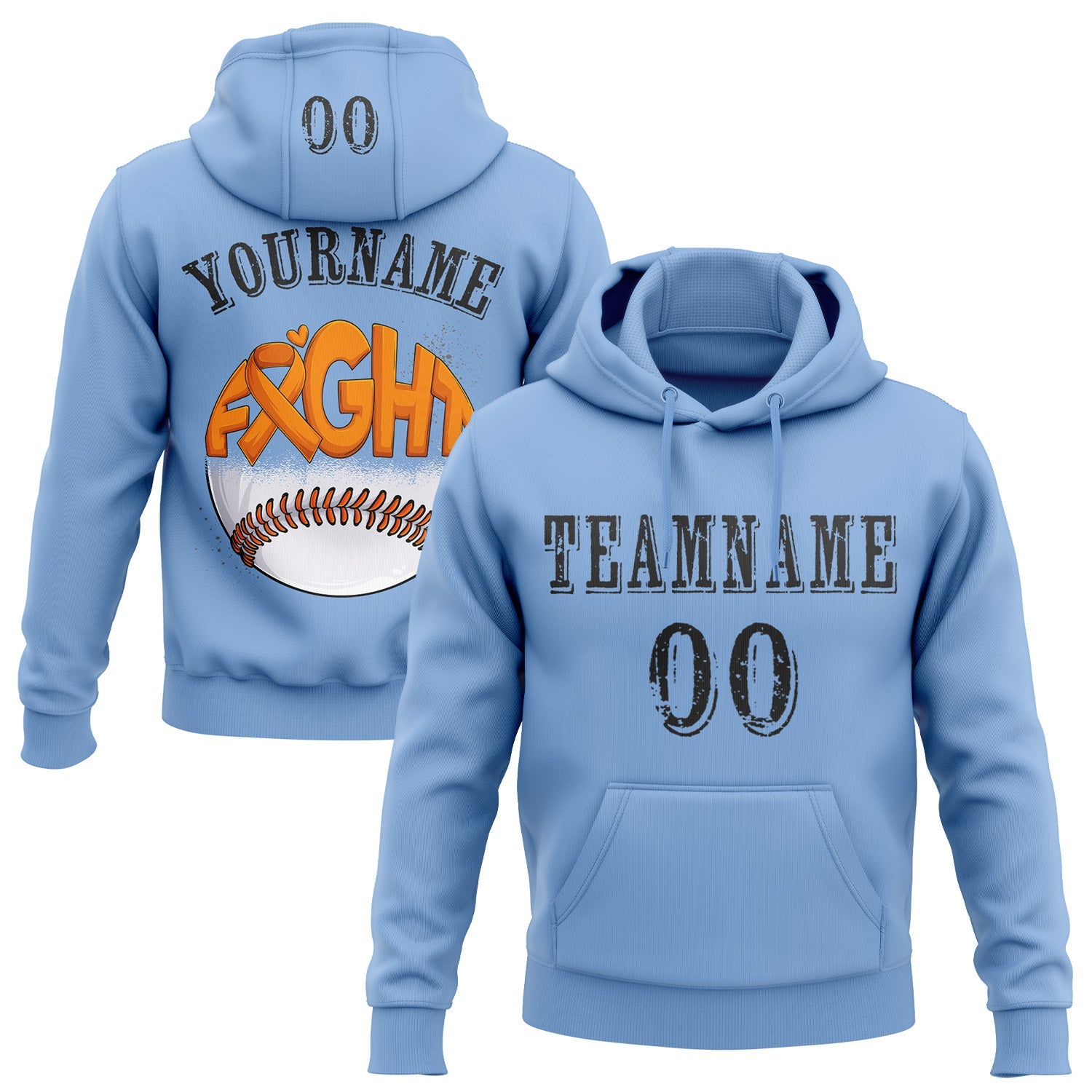 Custom Light Blue Black 3D Kidney Cancer World Cancer Day Ribbon Support Sports Pullover Sweatshirt Hoodie - Main View