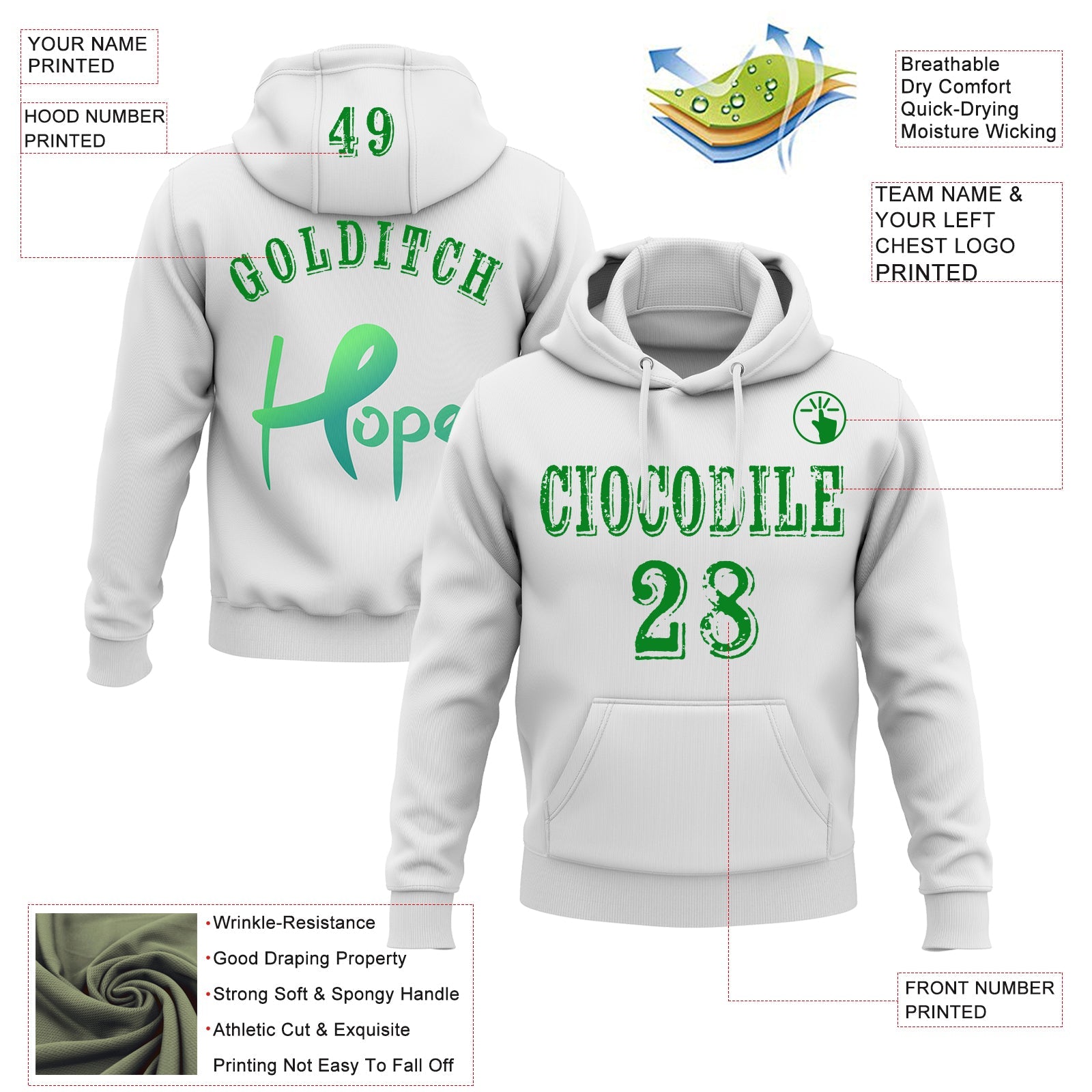 Custom White Grass Green 3D Liver Cancer World Cancer Day Ribbon Support Sports Pullover Sweatshirt Hoodie view 2