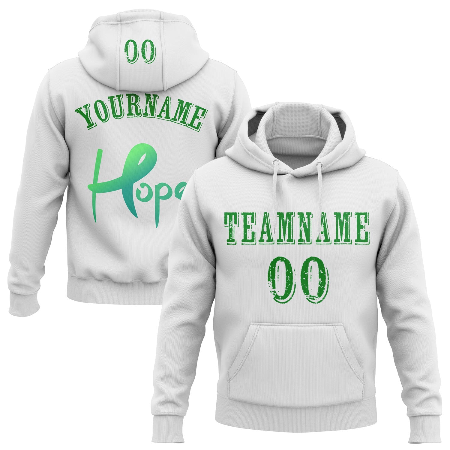 Custom White Grass Green 3D Liver Cancer World Cancer Day Ribbon Support Sports Pullover Sweatshirt Hoodie - Main View