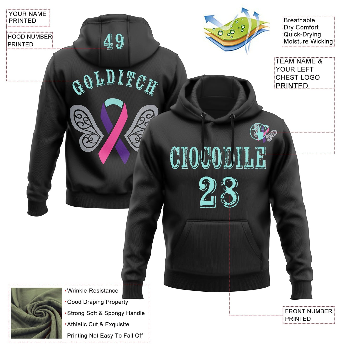 Custom Black Ice Blue 3D Thyroid Cancer World Cancer Day Ribbon Support Sports Pullover Sweatshirt Hoodie view 2