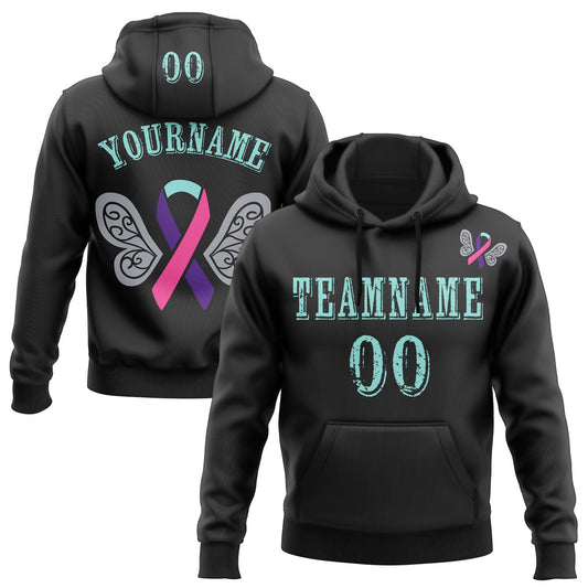 Custom Black Ice Blue 3D Thyroid Cancer World Cancer Day Ribbon Support Sports Pullover Sweatshirt Hoodie - Main View