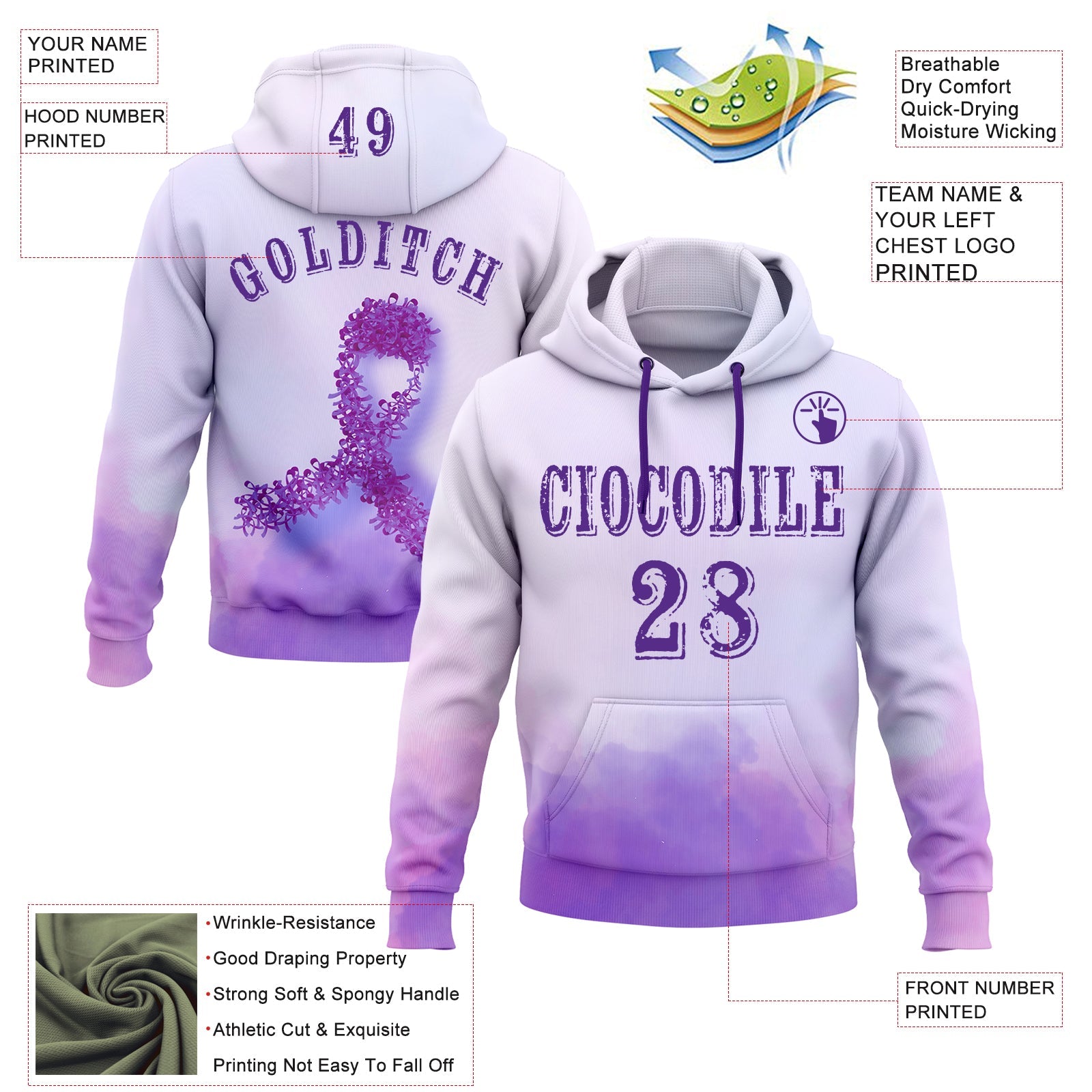 Custom Purple White 3D Pancreatic Cancer World Cancer Day Ribbon Support Sports Pullover Sweatshirt Hoodie view 2