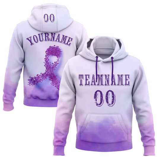 Custom Purple White 3D Pancreatic Cancer World Cancer Day Ribbon Support Sports Pullover Sweatshirt Hoodie - Main View