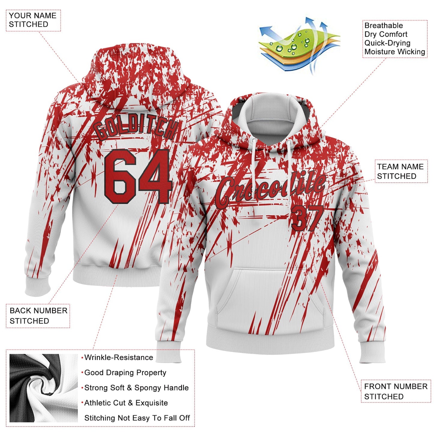 Custom Stitched White Red-Black 3D Pattern Design Sports Pullover Sweatshirt Hoodie view 2