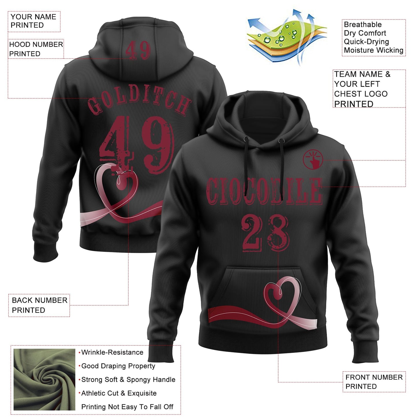 Custom Black Crimson 3D Head And Neck Cancer World Cancer Day Ribbon Support Sports Pullover Sweatshirt Hoodie view 2