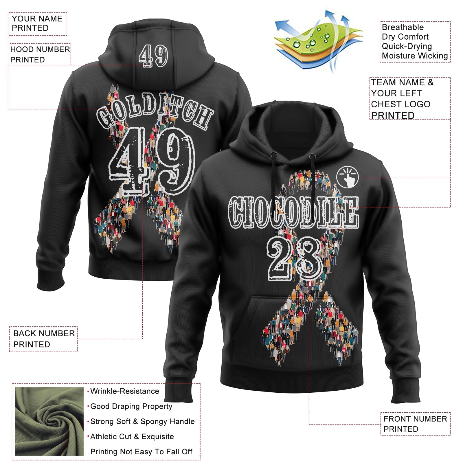 Custom Black White 3D Skin Cancer World Cancer Day Ribbon Support Sports Pullover Sweatshirt Hoodie view 2