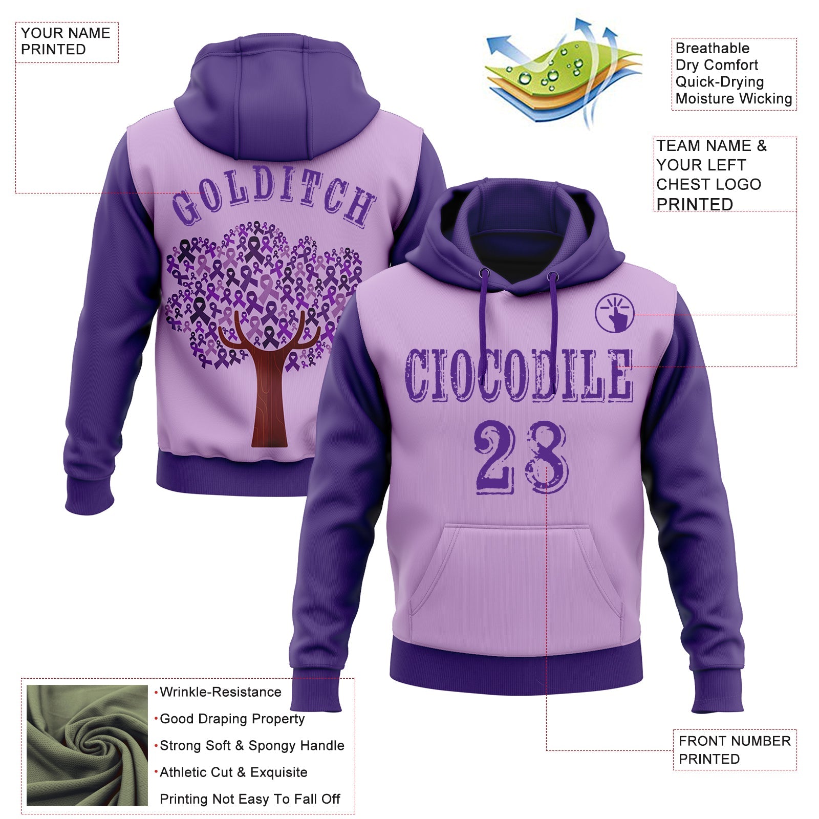 Custom Light Purple Purple 3D Testicular Cancer World Cancer Day Ribbon Support Sports Pullover Sweatshirt Hoodie view 2