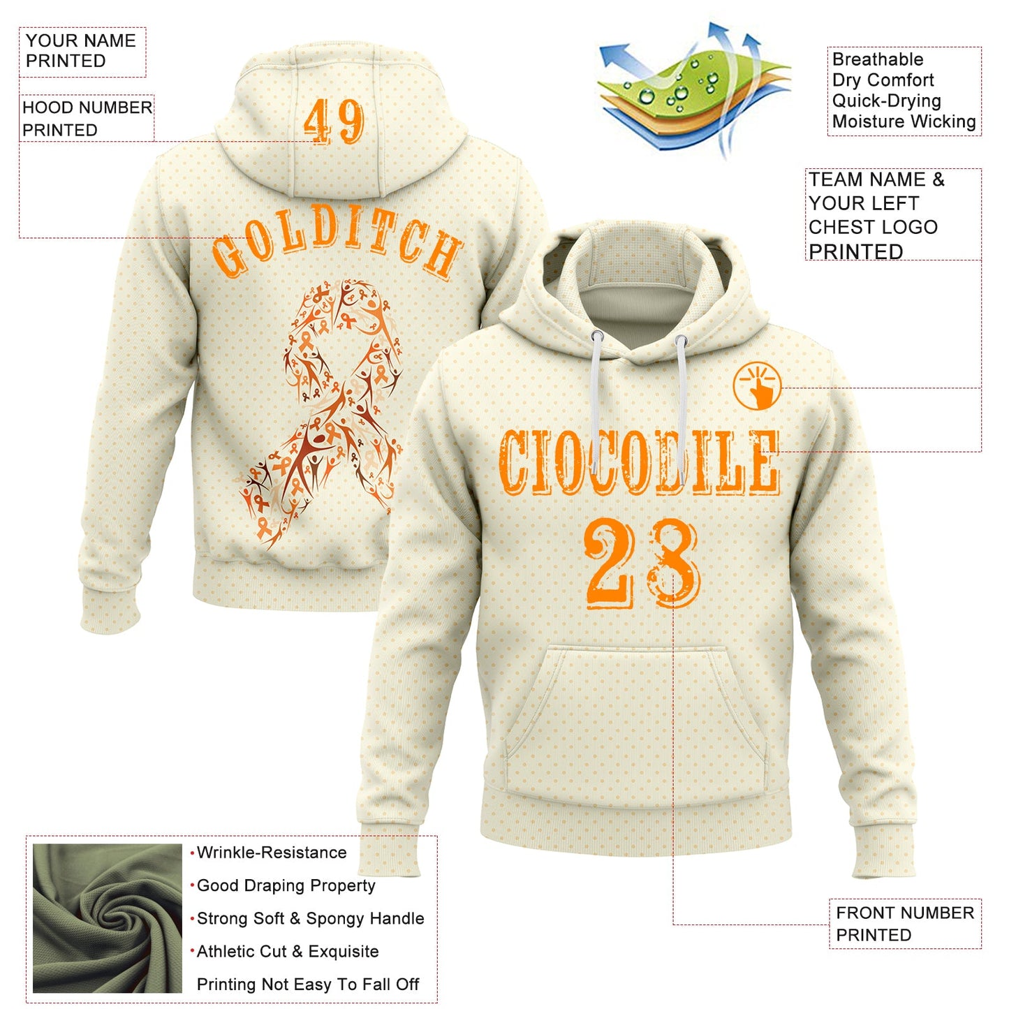 Custom Cream Bay Orange 3D Kidney Cancer World Cancer Day Ribbon Support Sports Pullover Sweatshirt Hoodie view 2