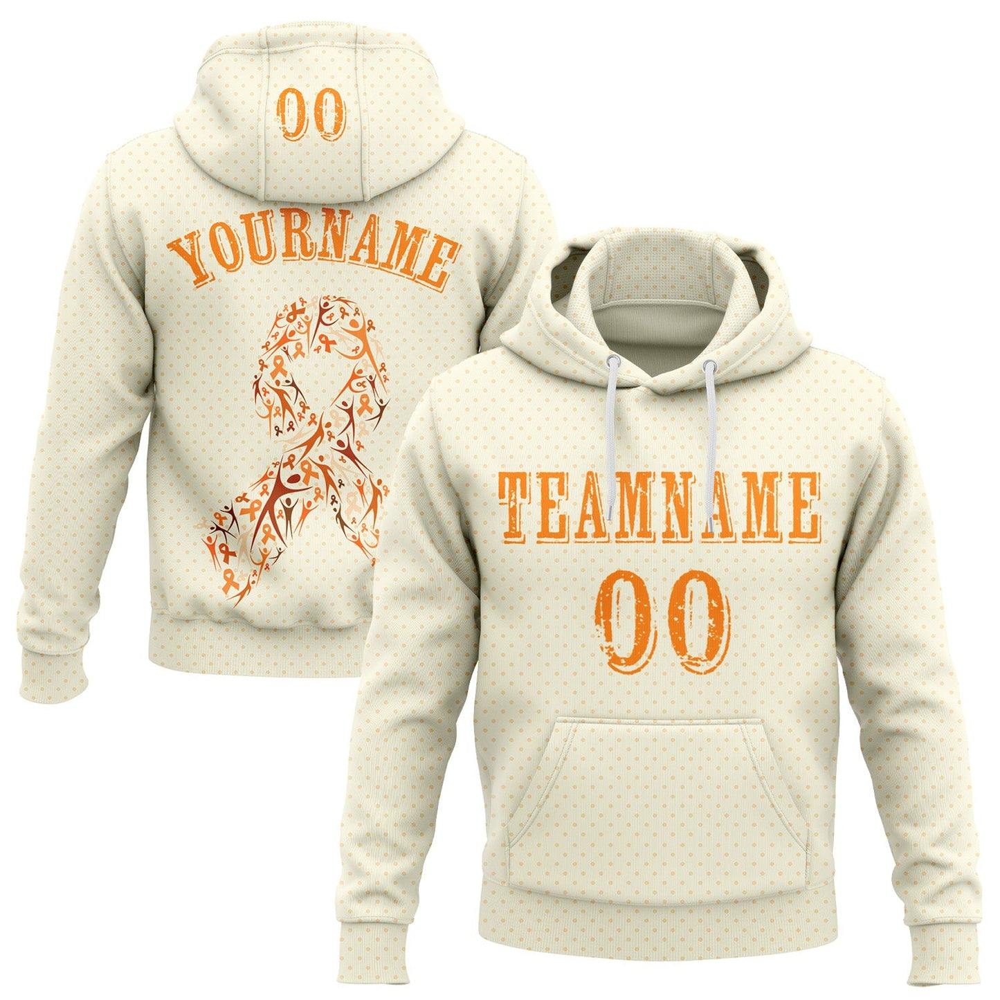 Custom Cream Bay Orange 3D Kidney Cancer World Cancer Day Ribbon Support Sports Pullover Sweatshirt Hoodie - Main View