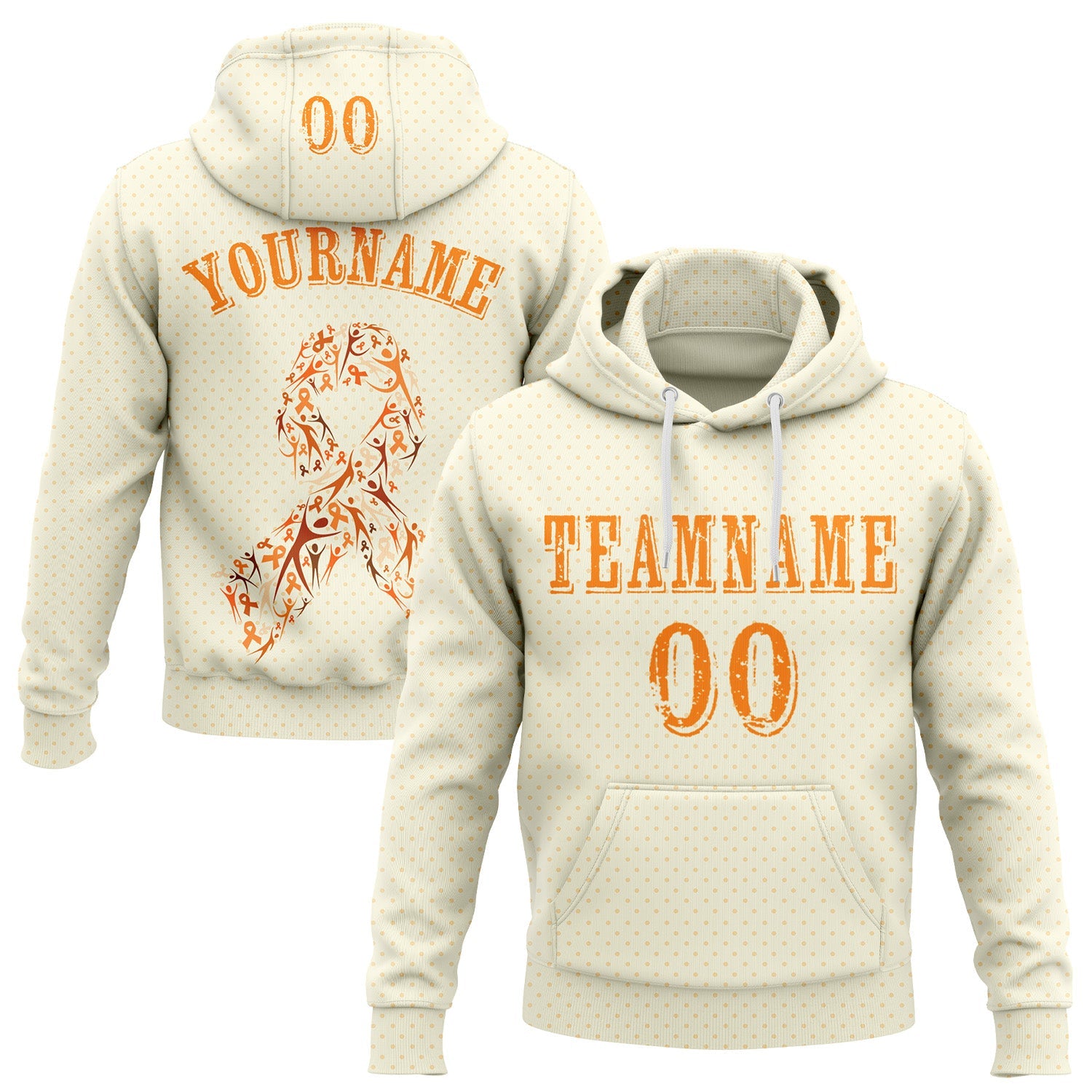 Custom Cream Bay Orange 3D Kidney Cancer World Cancer Day Ribbon Support Sports Pullover Sweatshirt Hoodie - Main View