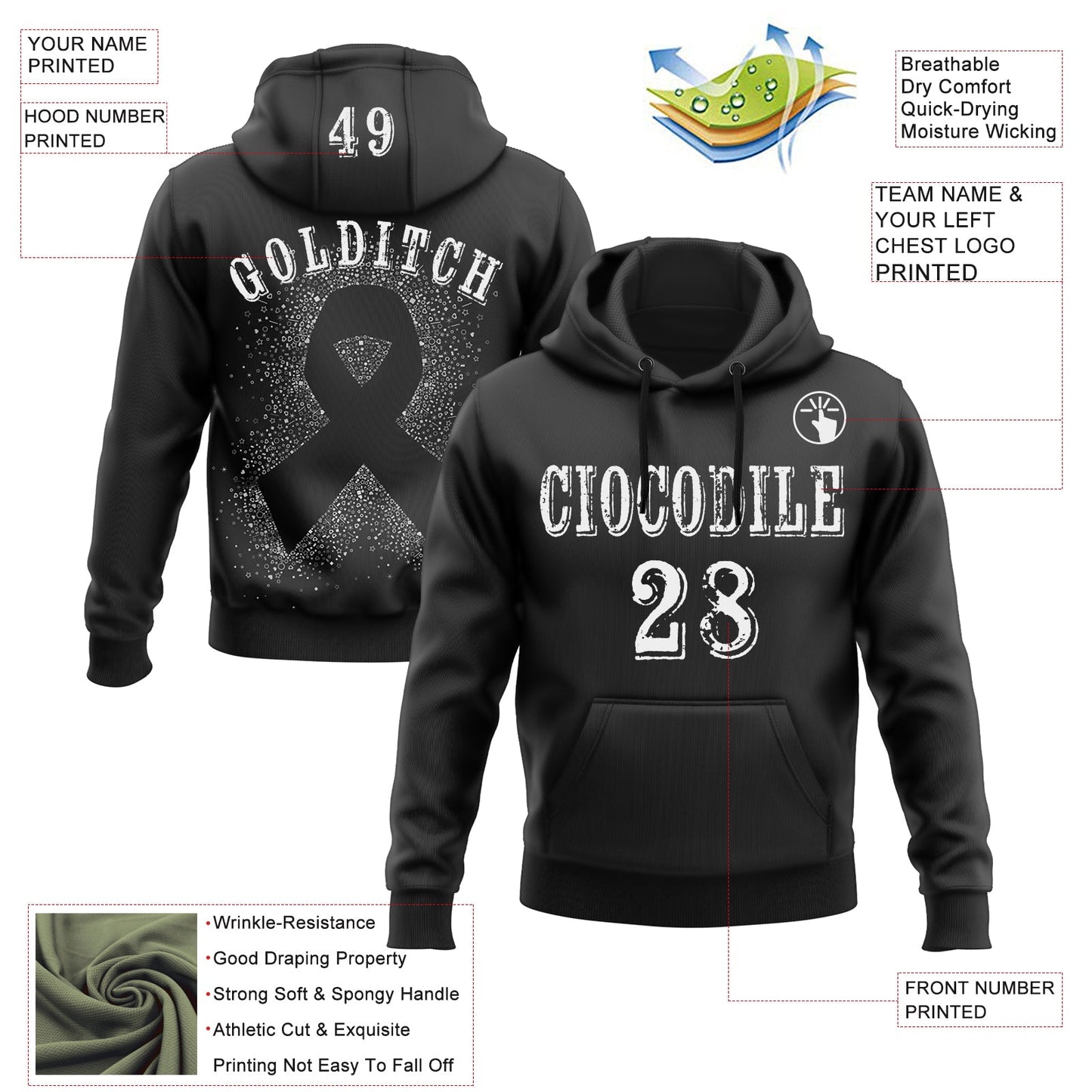 Custom Black White 3D Skin Cancer World Cancer Day Ribbon Support Sports Pullover Sweatshirt Hoodie view 2