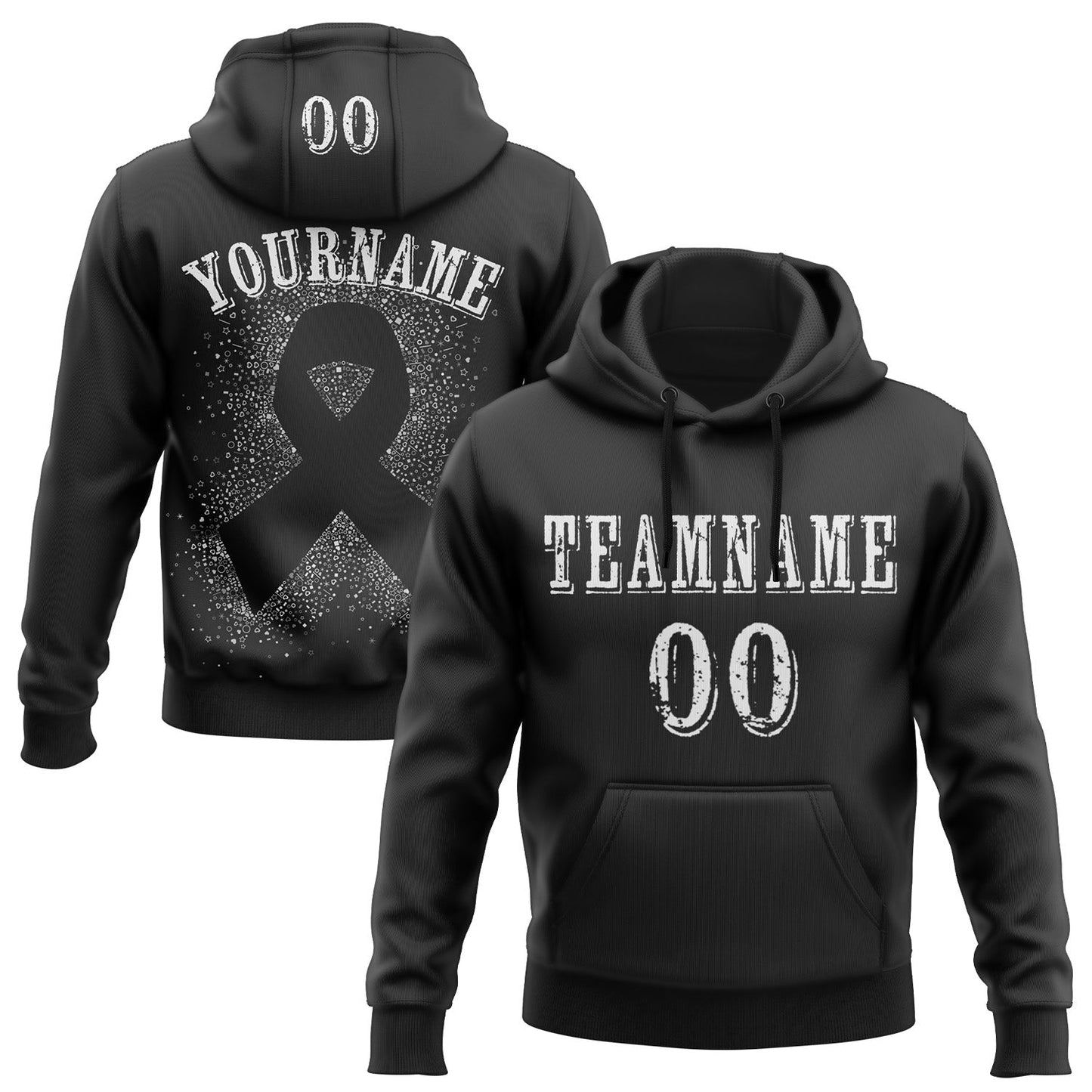 Custom Black White 3D Skin Cancer World Cancer Day Ribbon Support Sports Pullover Sweatshirt Hoodie - Main View