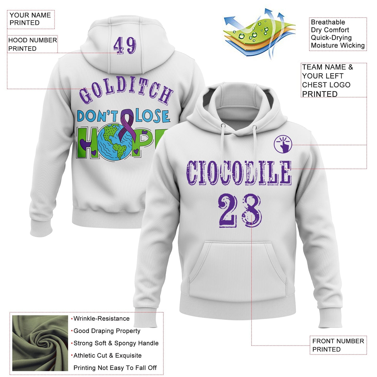 Custom White Purple 3D Pancreatic Cancer World Cancer Day Ribbon Support Sports Pullover Sweatshirt Hoodie view 2
