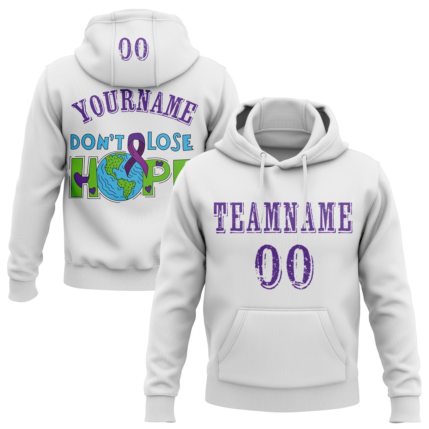 Custom White Purple 3D Pancreatic Cancer World Cancer Day Ribbon Support Sports Pullover Sweatshirt Hoodie - Main View