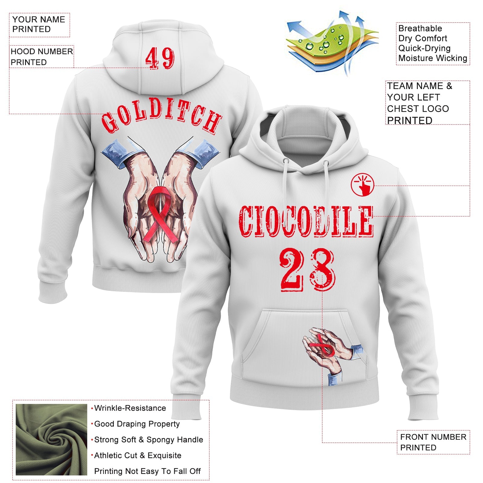 Custom White Fire Red 3D Blood Cancer World Cancer Day Ribbon Support Sports Pullover Sweatshirt Hoodie view 2