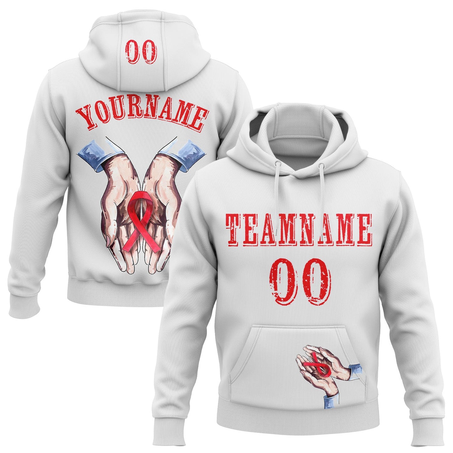 Custom White Fire Red 3D Blood Cancer World Cancer Day Ribbon Support Sports Pullover Sweatshirt Hoodie - Main View