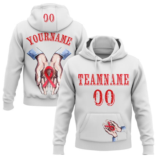 Custom White Fire Red 3D Blood Cancer World Cancer Day Ribbon Support Sports Pullover Sweatshirt Hoodie - Main View