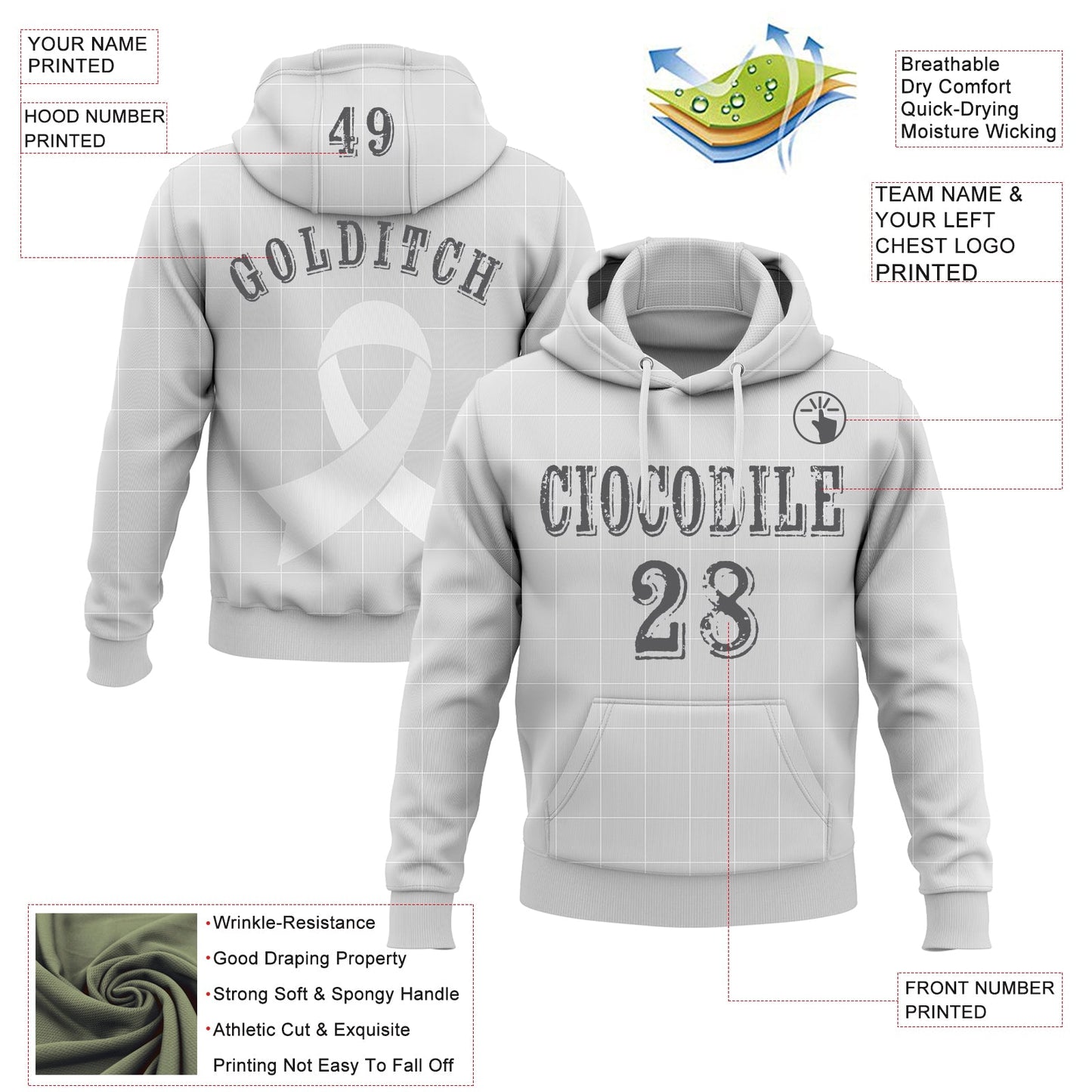 Custom Gray Steel Gray-White 3D Lung Cancer World Cancer Day Ribbon Support Sports Pullover Sweatshirt Hoodie view 2