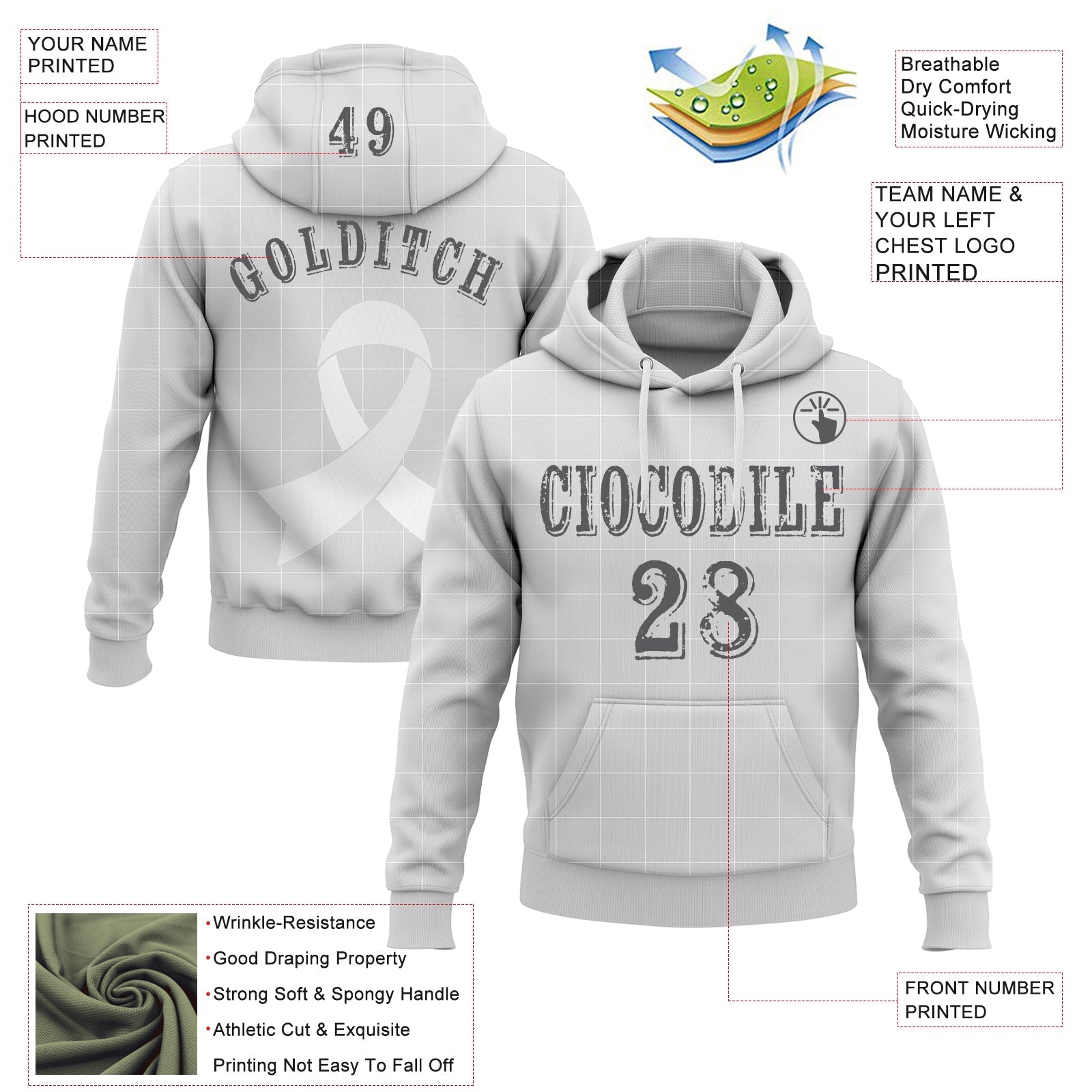 Custom Gray Steel Gray-White 3D Lung Cancer World Cancer Day Ribbon Support Sports Pullover Sweatshirt Hoodie view 2