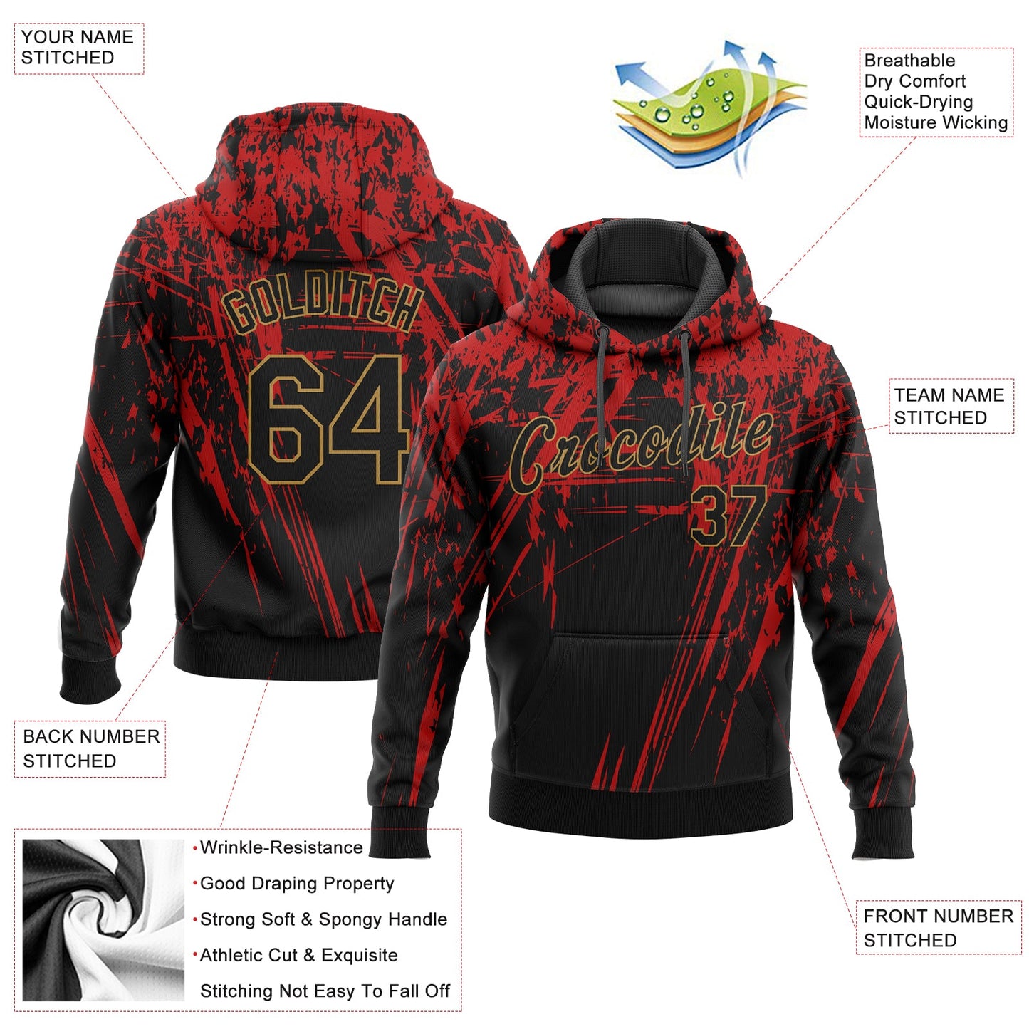 Custom Stitched Red Black-Old Gold 3D Pattern Design Sports Pullover Sweatshirt Hoodie view 2