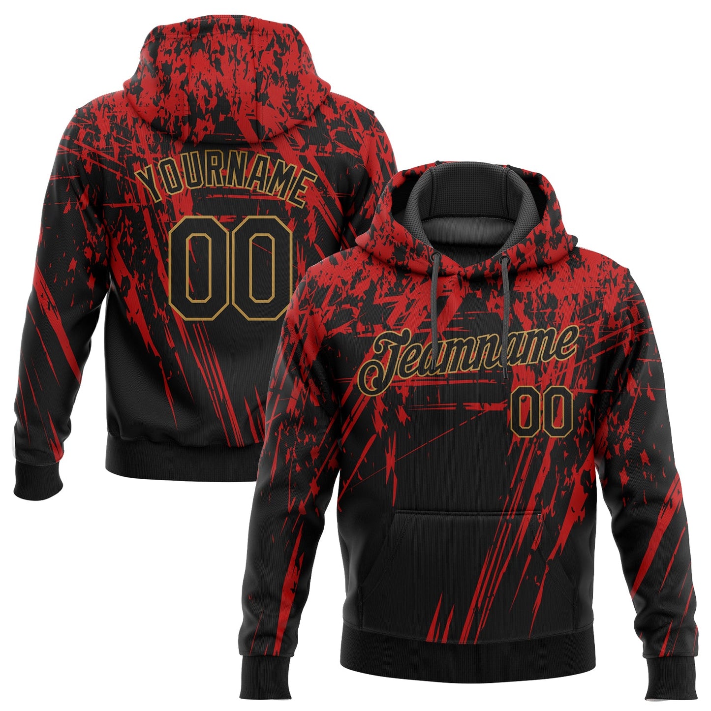 Custom Stitched Red Black-Old Gold 3D Pattern Design Sports Pullover Sweatshirt Hoodie - Main View