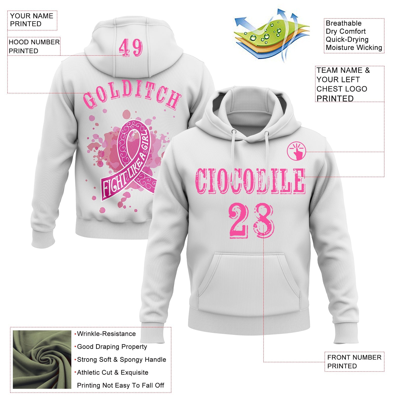 Custom White Pink 3D Breast Cancer World Cancer Day Ribbon Support Sports Pullover Sweatshirt Hoodie view 2