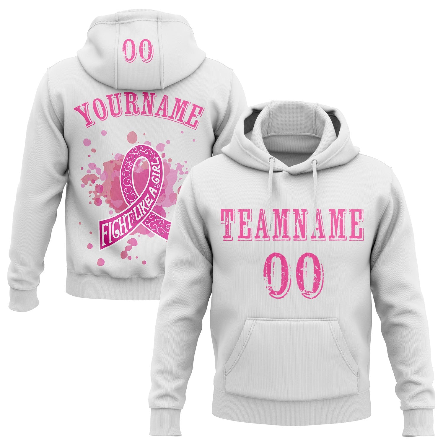Custom White Pink 3D Breast Cancer World Cancer Day Ribbon Support Sports Pullover Sweatshirt Hoodie - Main View