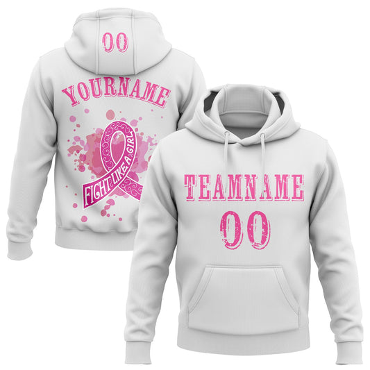 Custom White Pink 3D Breast Cancer World Cancer Day Ribbon Support Sports Pullover Sweatshirt Hoodie - Main View