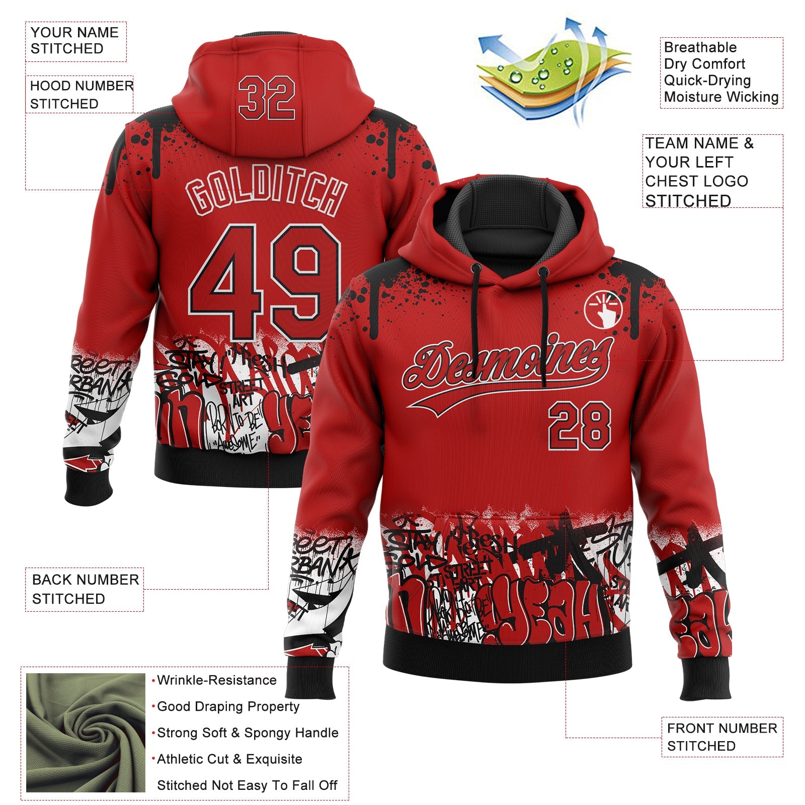 Custom Stitched Red Black-White 3D Graffiti Splash Street Art Sports Pullover Sweatshirt Hoodie view 2